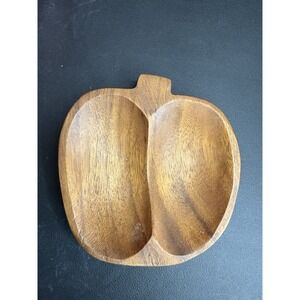 Vintage Bowl Carved Apple Monkey Wood Divided Retro Trinket Kitsch Rustic